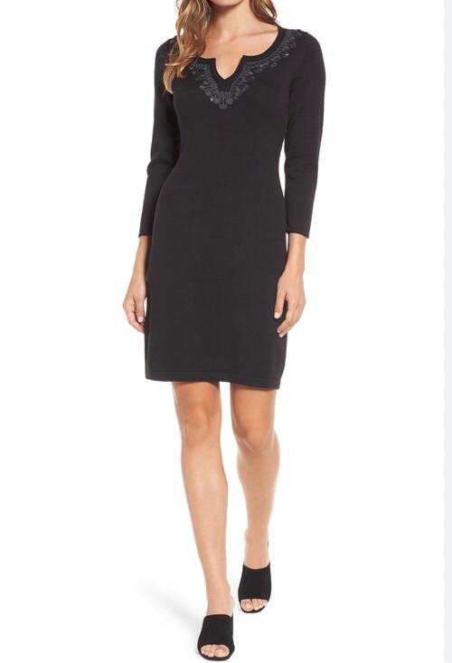 Tommy Bahama Dresses & Skirts - Tommy Bahama Black Pickford Embellished Split Neck Sweater Dress 3/4 Sleeve Sz S